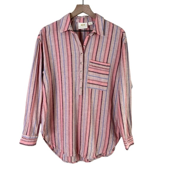 Maeve Anthropologie NWT Linen Blend Button Blouse Crochet XS Pink Striped Boho - Picture 1 of 6